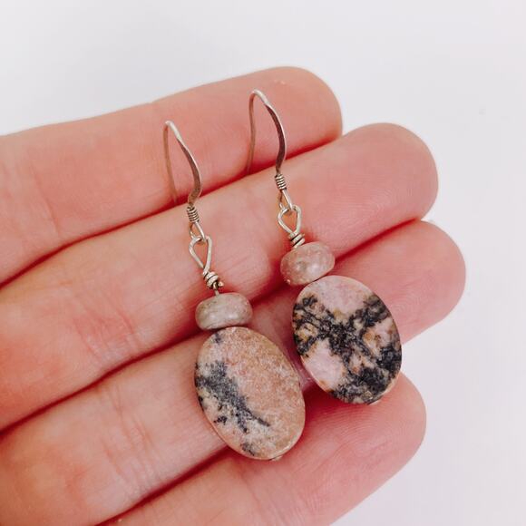 VTG Gemstone Silver Likely Sterling Rhodonite Earrings Boho Dangle Pink Black - Picture 2 of 8